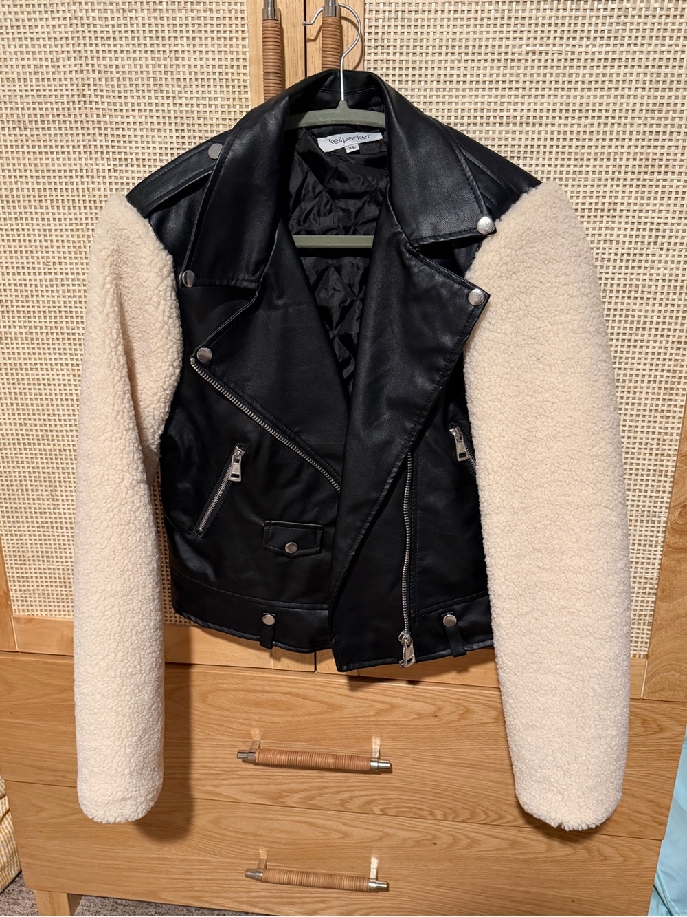 Black Faux Leather Moto Jacket with Cream Sherpa Sleeves